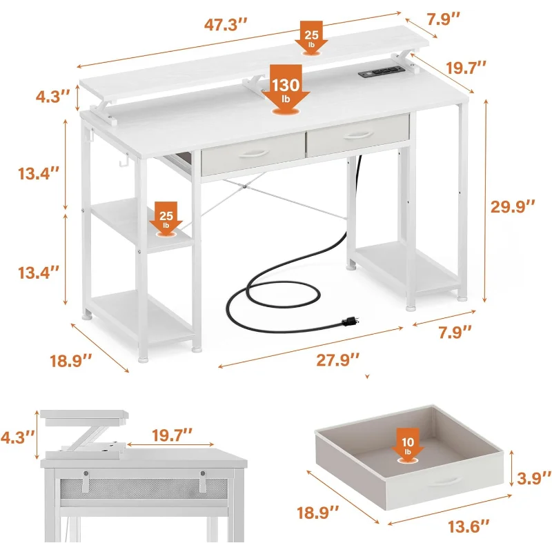 GIKPAL Computer Desk with Drawers, 47 inch Home Office with Storage and Shelves, Bedroom Desk with  White Wooden Desk