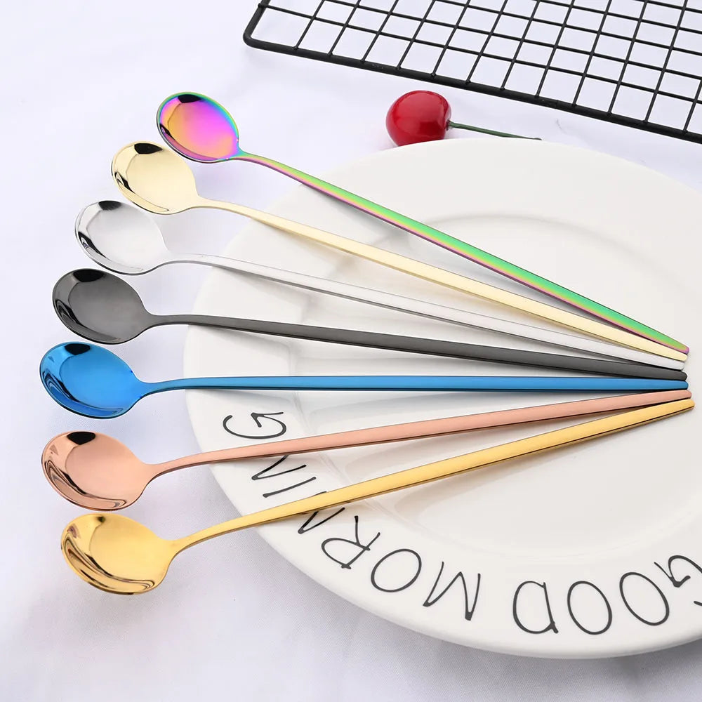 6Pcs Coffee Stirring Spoon Cutlery Set Juice Gold Tea Spoons Dinnerware Ice Cream Long Handle Scoop Tableware Kitchen Tools