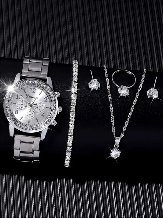 6 Pieces of Fashionable and Versatile Diamond Inlaid Rhinestone WOMEN'S Quartz Steel Band Watch+necklace+earrings+ring+bracelet