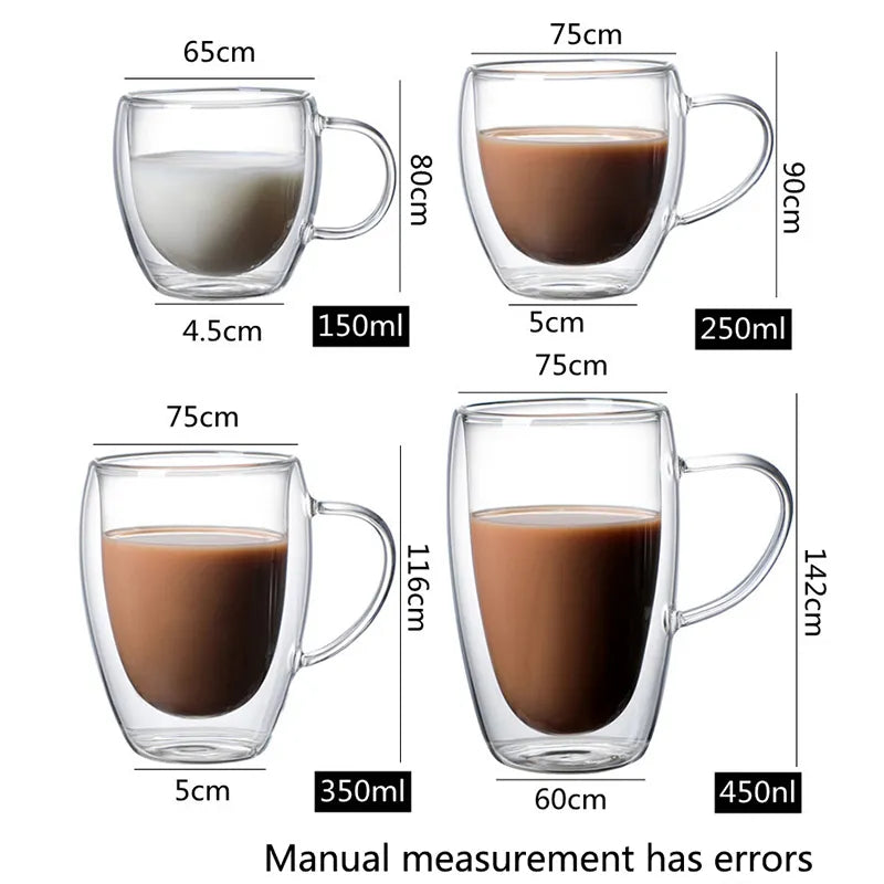 Double Wall High Borosilicate Glass Mug Heat Resistant Handle Coffee Milk Juice Water Cup Bar Drinkware Coffeeware Lover Gift