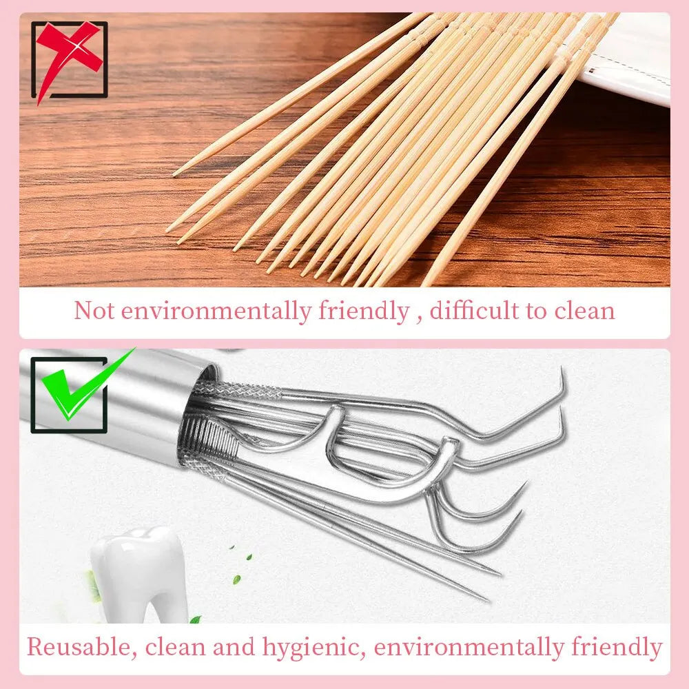 7pcs/set Stainless Steel Toothpick Set Tooth Flossing Reusable Toothpicks Portable Toothpick Floss Teeth Cleaner Oral Cleaning