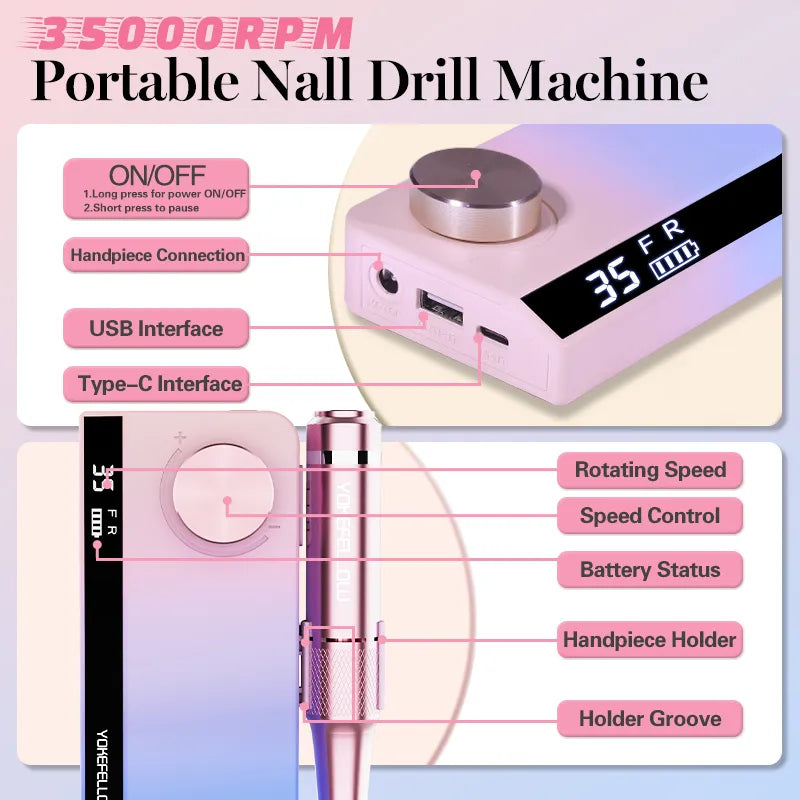 35000 RPM Rechargeable Nail Drill Manicure Machine With Pause Mode