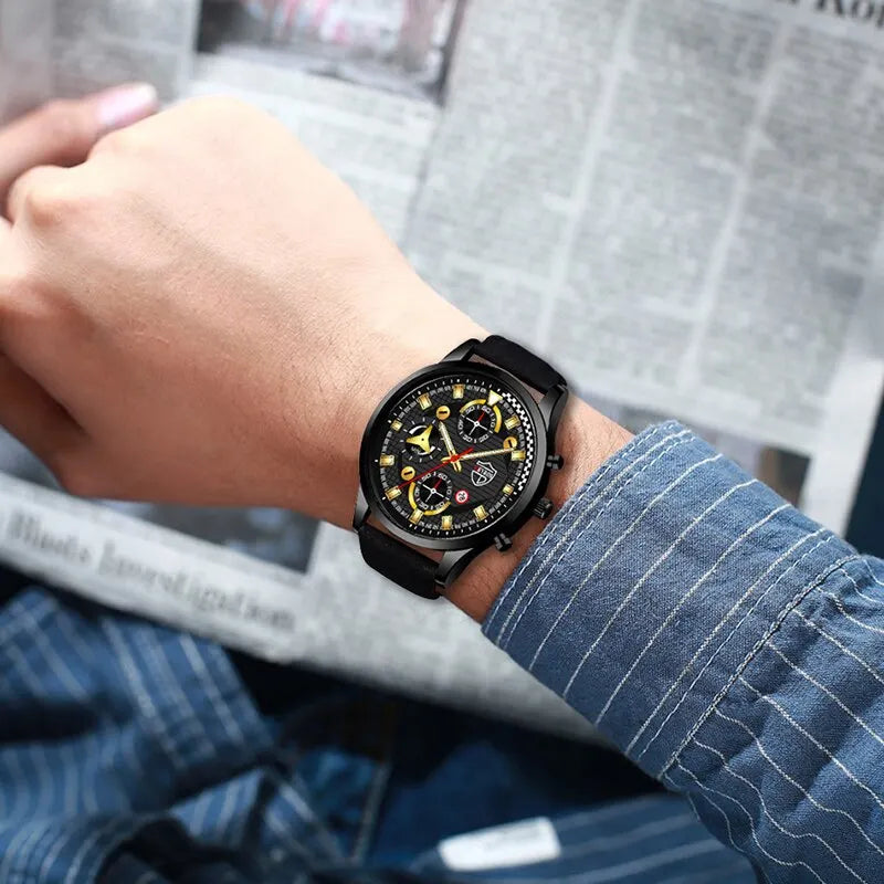 3PCS Set Fashion Mens Sports Bracelet Necklace Watches For Men Business Quartz Wrist Watch Classic Male Casual Leather Watch