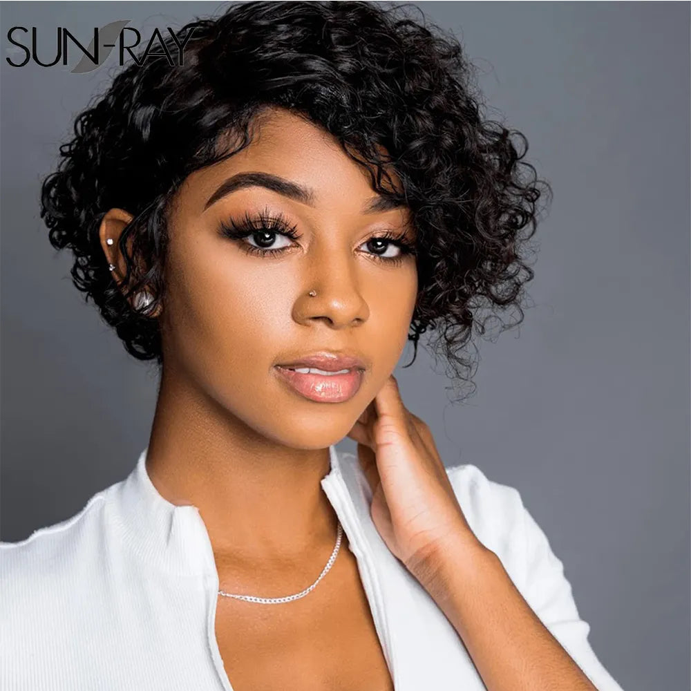 Pixie Cut Side Part Curly Human Hair Wigs