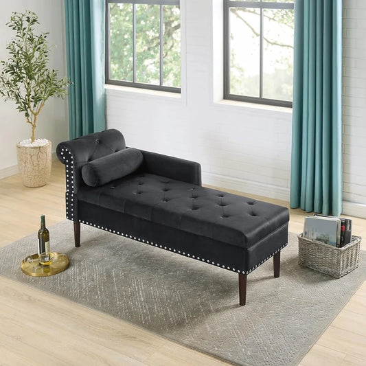 Chaise Lounge Chair, Velvet Upholstered Lounge Chair for Adults and Children (Velvet, Black)