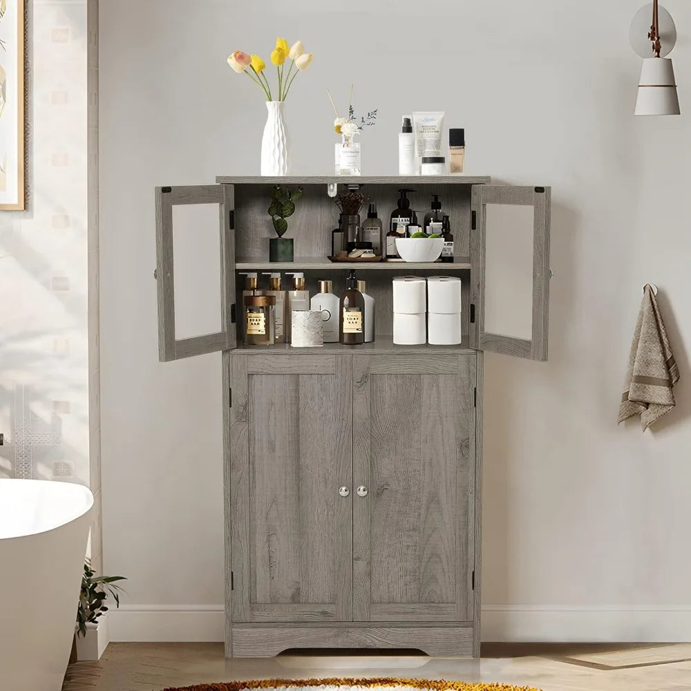 Iwell Storage Cabinet, Bathroom Cabinet with Adjustable Shelves & 4 Doors, Floor Cabinet for Living Room, Bedroom, Grey