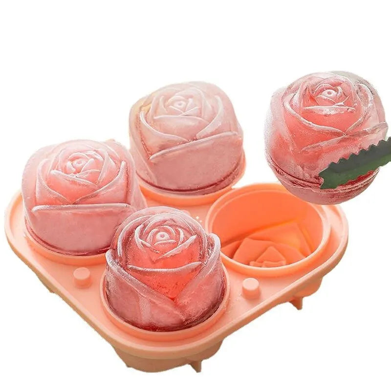 3D Rose Ice Molds 4 Holes Ice Cube Tray Mold Flower Shape Silicone Ice Mold Ice Ball Maker Bar Ice Cube Maker Tool