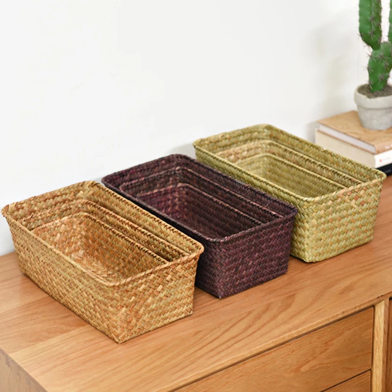 Desktop Natural Straw Hand Woven Storage Basket Organizer