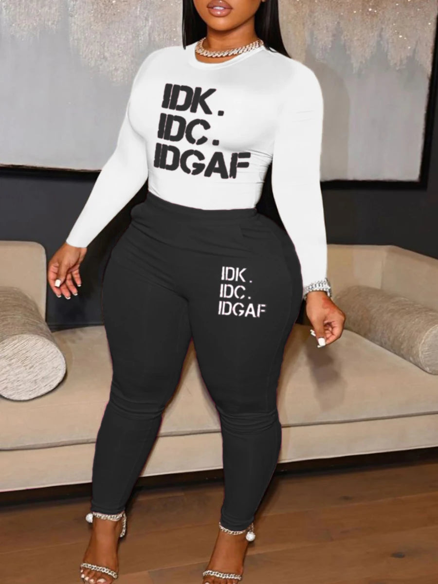 Plus Size Letter Print Pants and Long sleeve Set