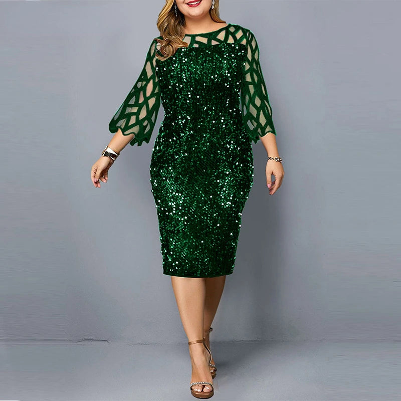 Elegant Sequin Long Sleeve Plus Size Midi Dress