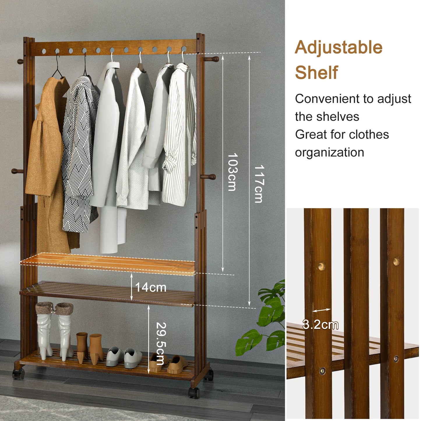 Vintage Heavy Duty Wooden Clothes Stand Freestanding Rack Shelf Home Bedroom Hallway Entryway Bamboo Hanging Rail Shoe Storage