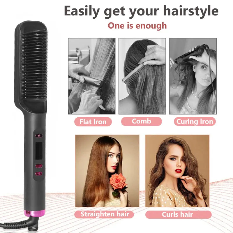 Fast Heating Hair Straightening and Curling Brush With LCD Display