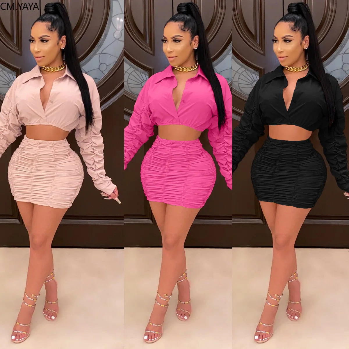 Rucked Sleeve Mini Blouses Tops and Rucked Stacked Bodycon Skirts Set