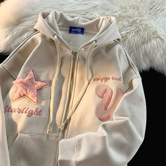 Letter Embroidery Zip Up Hoodie