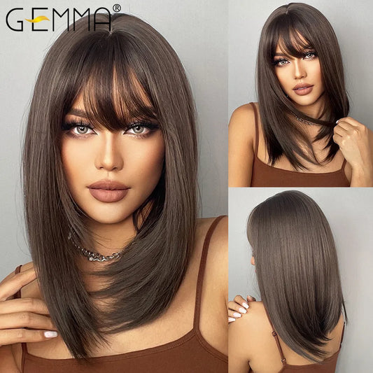 Dark Brown Synthetic Wig with Bangs and Shoulder Length