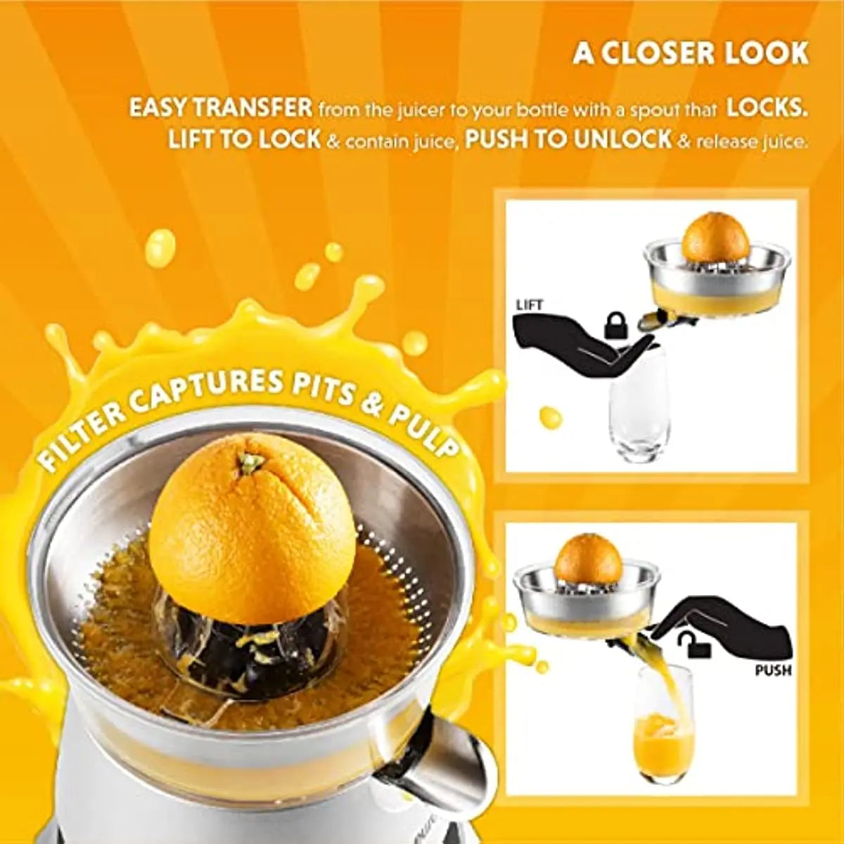 Eurolux Electric Citrus Juicer Squeezert, Stainless Steel 160 Watts of Power Soft Grip Handle and Cone Lid for Use (ELCJ-1700S)