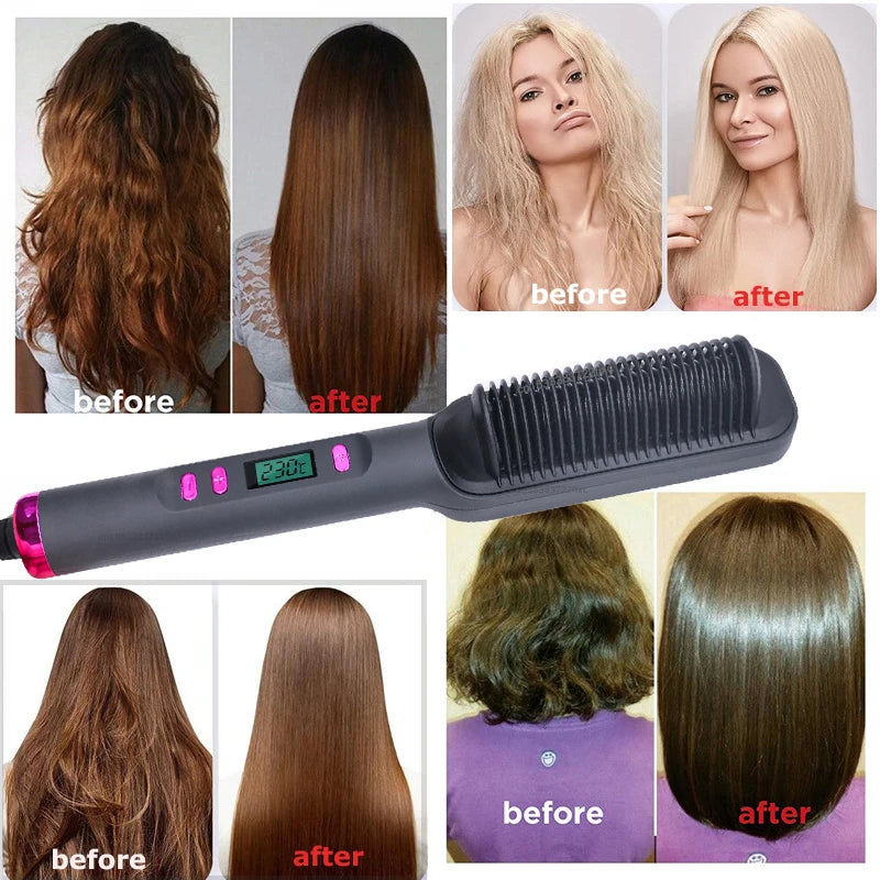 Fast Heating Hair Straightening and Curling Brush With LCD Display