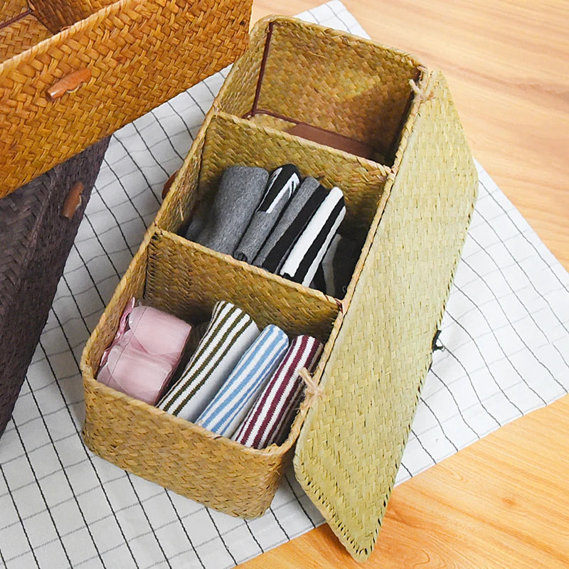 3 Grids Hand Woven Storage Baskets with Lid