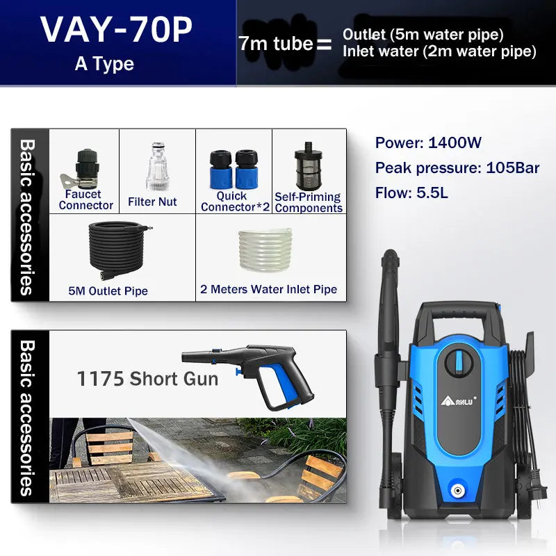 220V High Pressure Car Washer Pump 1400W with Water Gun Foam Lance 5m Hose