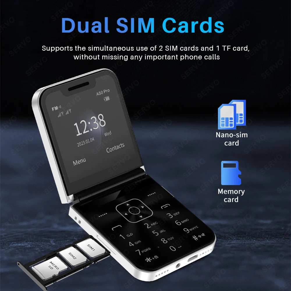 SERVO A50 Pro Flip Phone Dual SIM Card GSM Electric Torch Automatic Call Recording 2.4 Inch Screen Foldable Mobile Phones Type-C