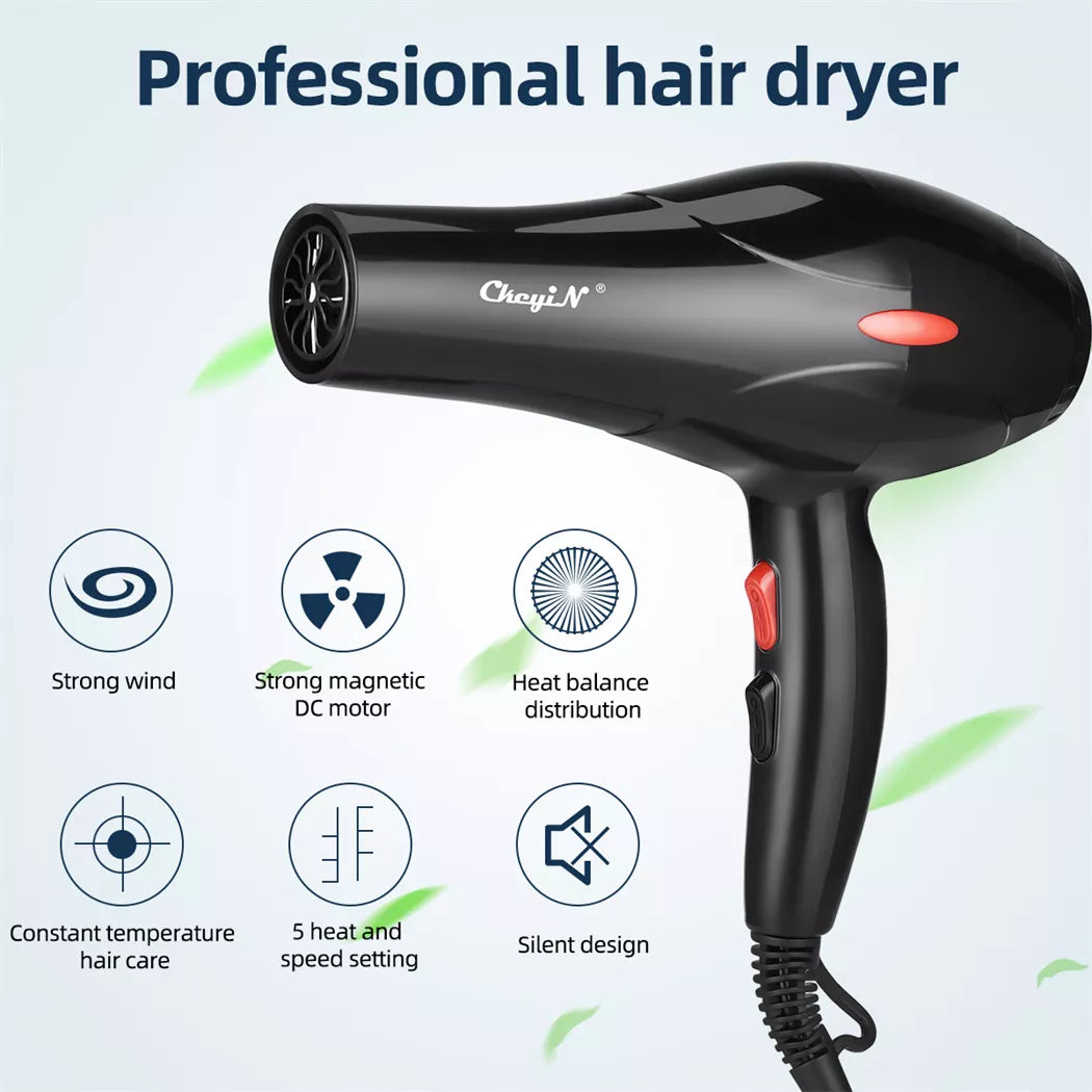 Powerful Electric Hair Dryer with Low Noise, 3 Heat Settings, 2 Speeds, 2 Nozzles, 2200W, 220V