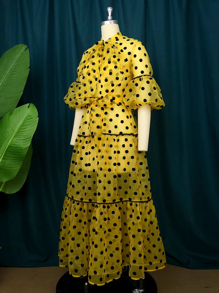 High Neck Lantern Sleeve in See Through Dot dress