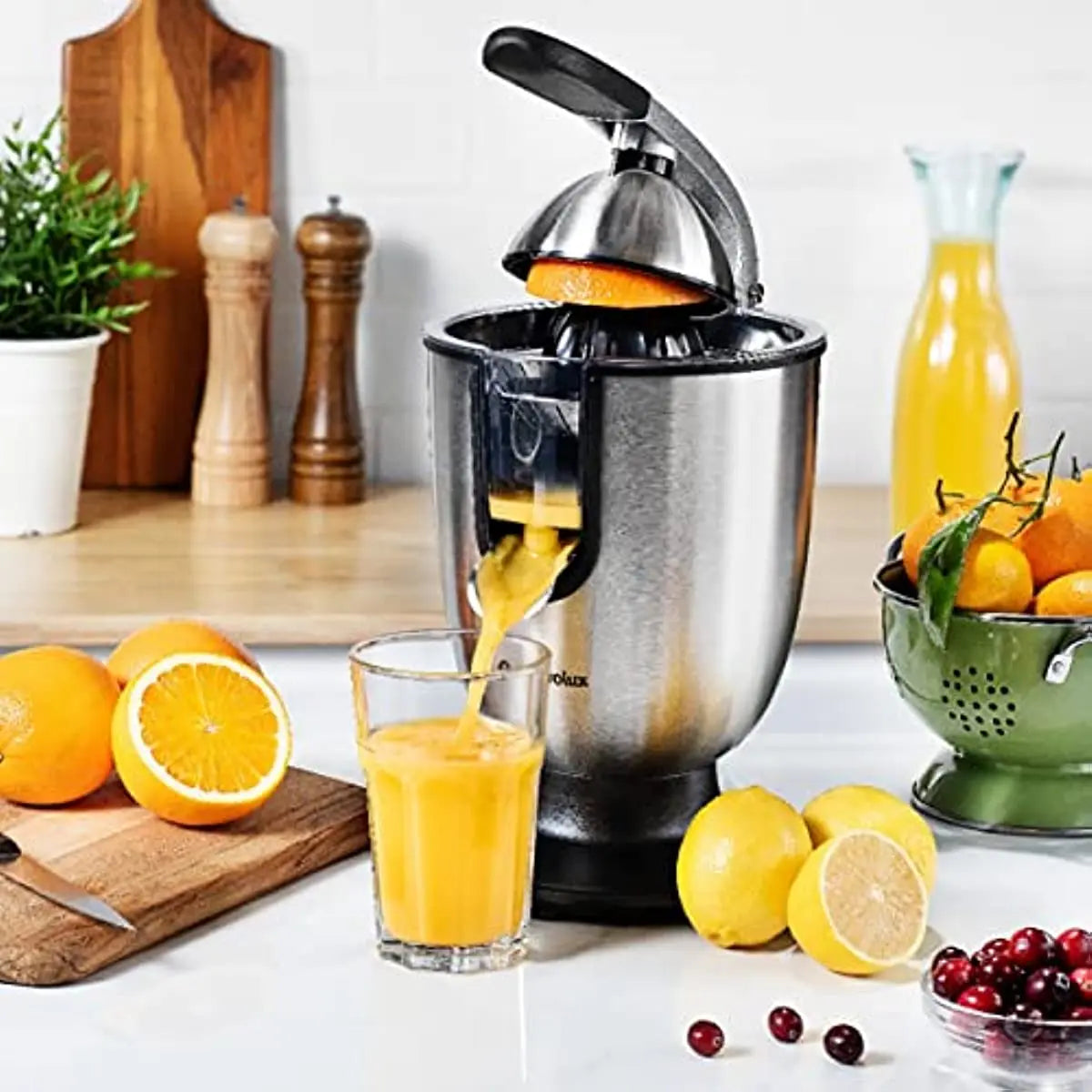 Eurolux Electric Citrus Juicer Squeezert, Stainless Steel 160 Watts of Power Soft Grip Handle and Cone Lid for Use (ELCJ-1700S)