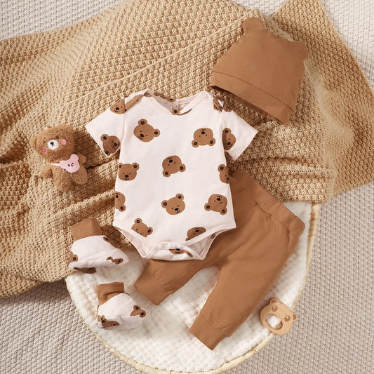 0-9 Months Newborn Baby Boy 4PCS Clothing Set Bear Print Short Sleeve Bodysuit+Pants+Hat+Sock Cute Baby Photograph Outfit