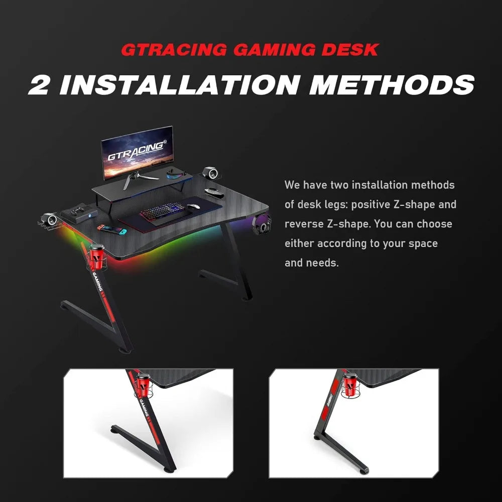 GTRACING Gaming Desk with Led Strip Lights, 44 Inch Gaming Table with Monitor Stand, Z-Shaped Carbon Fiber Surface Home Computer