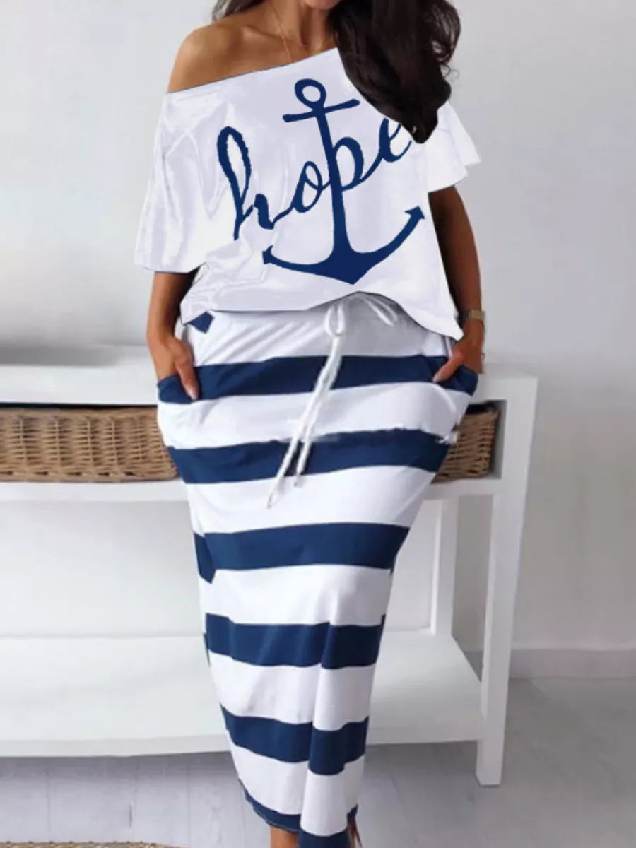 Plus Size Two Piece Letter Print and Striped Skirt Set