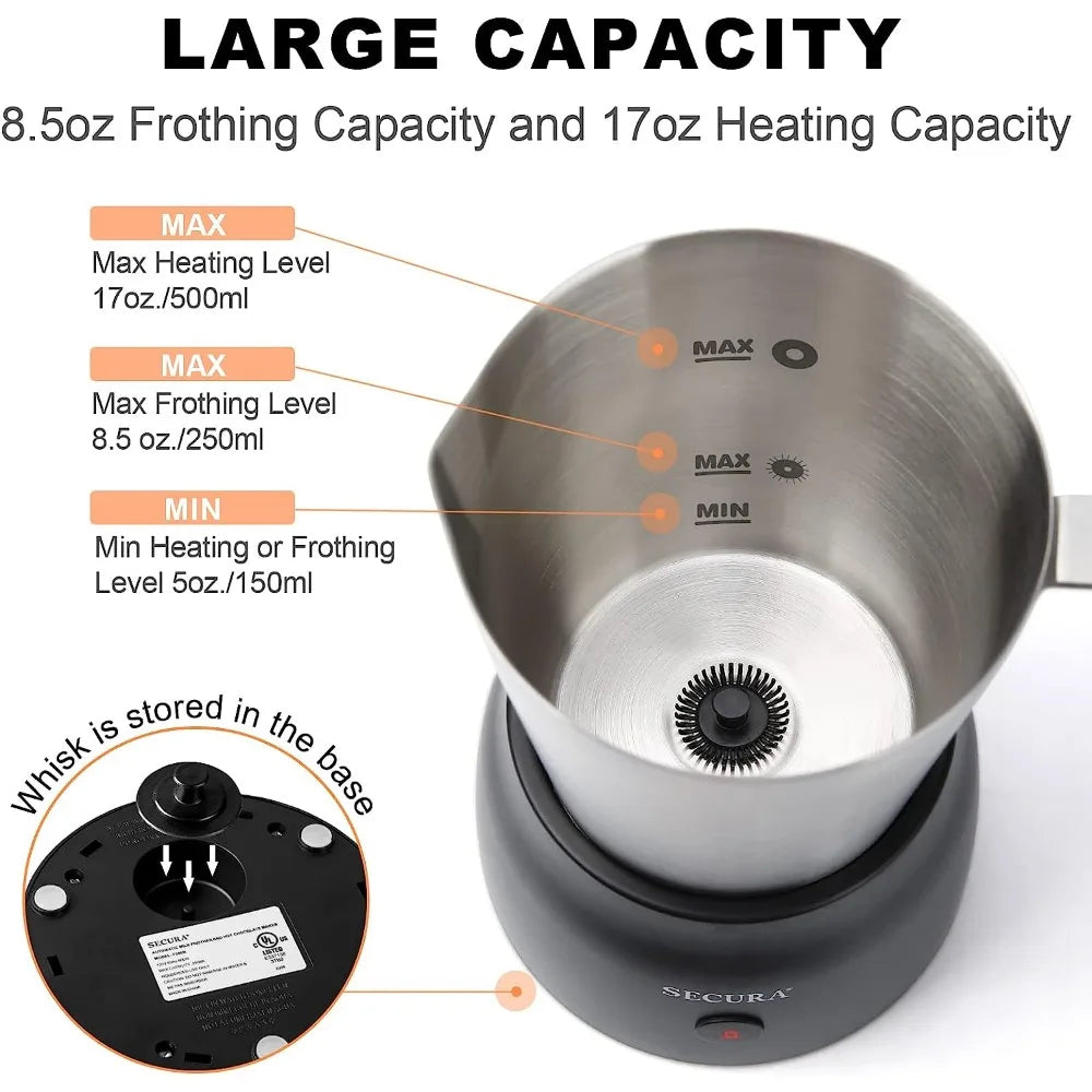 2023 New Secura Detachable Milk Frother, 17oz Electric Milk Steamer Stainless Steel, Automatic Hot/Cold Foam Maker