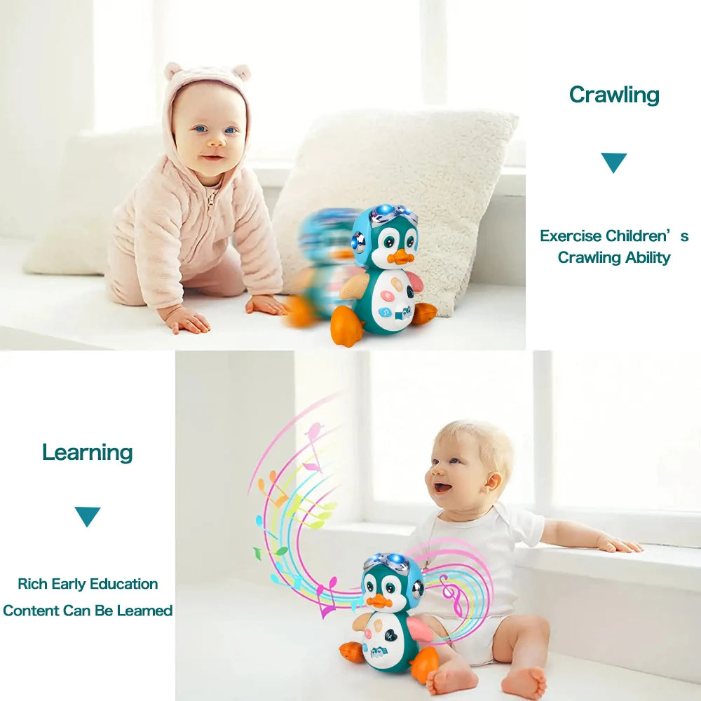 Baby Crawling Toys Musical Penguin Infant Moving Walking Dancing Toys with Light Toddler Interactive Development Tummy Time Gift