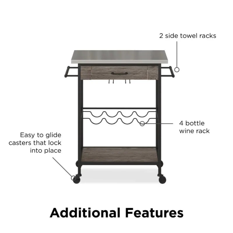 Novogratz Nora Multifunctional Kitchen Cart, Wine Rack and Pantry Storage, Stainless Steel and Black Metal, Brown Rolling Cart