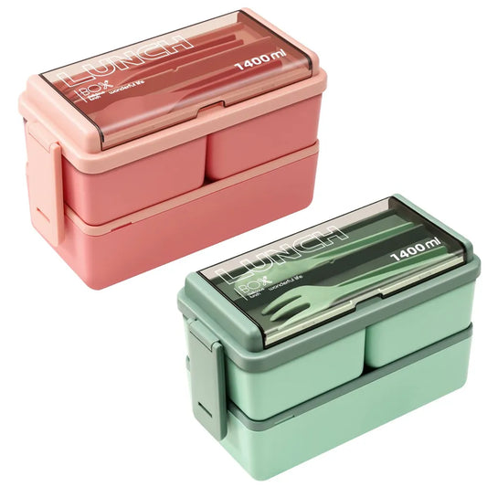 Double Layer Portable Lunch Box For Kids With Fork and Spoon Microwave Bento Boxes Dinnerware Set Food Storage Container