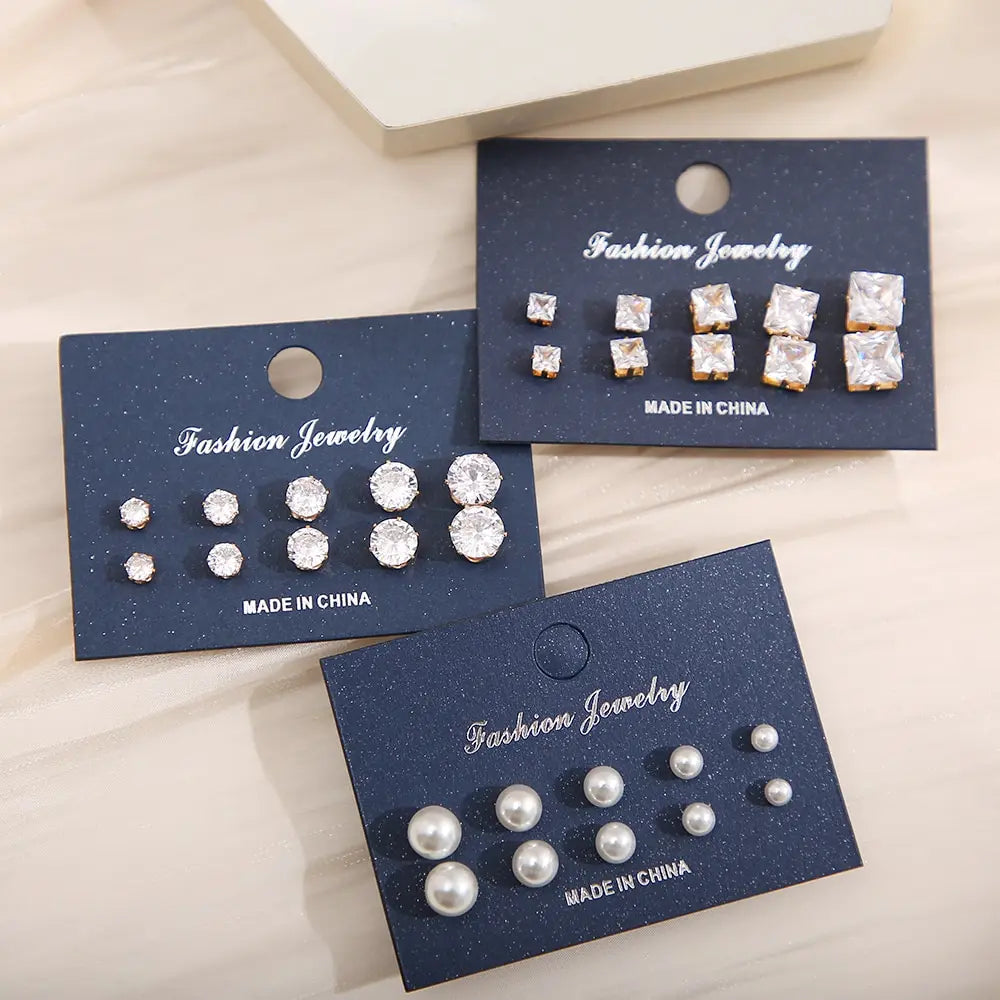 15 Pcs Of Earrings Simple Basic Geometric Type Sixclaw Crystal Zircon Earrings Set Retro Temperament Fake-pearl Earrings