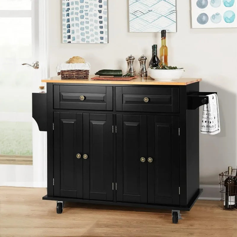 43" Kitchen Island with Storage, Rolling Kitchen Cart with Lockable Wheels, Solid Wood Tabletop Kitchen Island Table