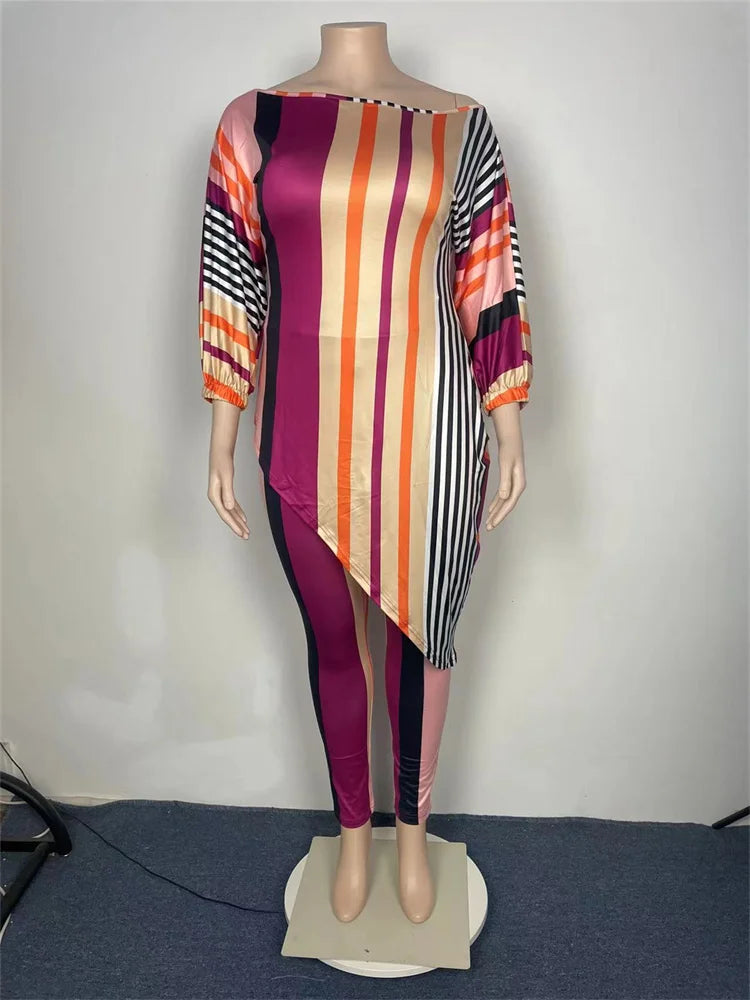 Two piece Striped Top Irregular Hem and Leggings Plus Size