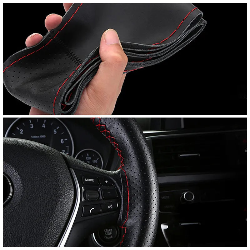 37-38cm Genuine Leather Car Steering Wheel Cover with Needles Thread Braid