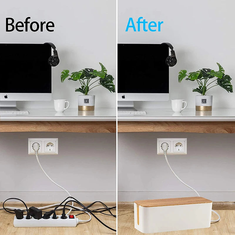 Wooden  Cable Storage Box with Power Line Wire Management Organizer