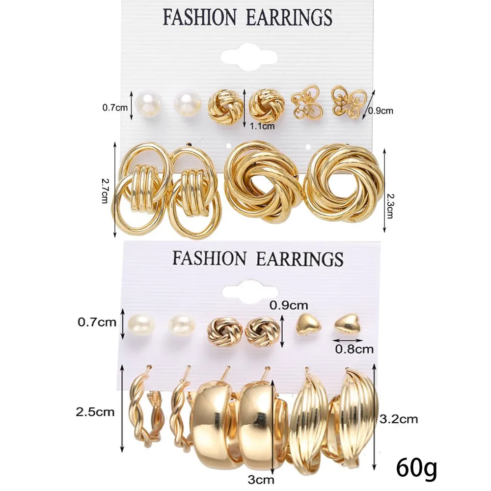 11 Pairs A Set Fashion Zinc Alloy Faux Pearl Rotation Geometry Decorative Earrings Womens Daily Decoration