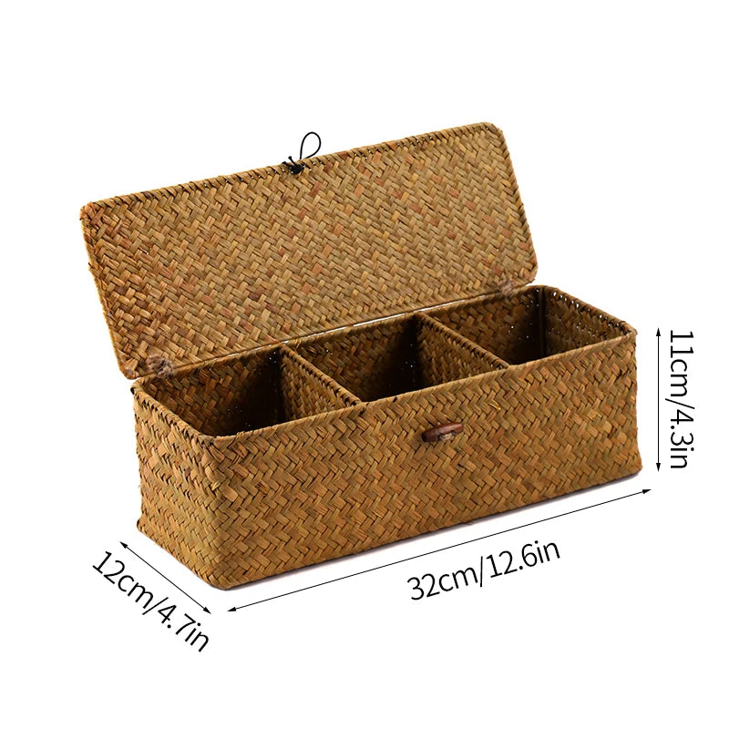 3 Grids Hand Woven Storage Baskets with Lid