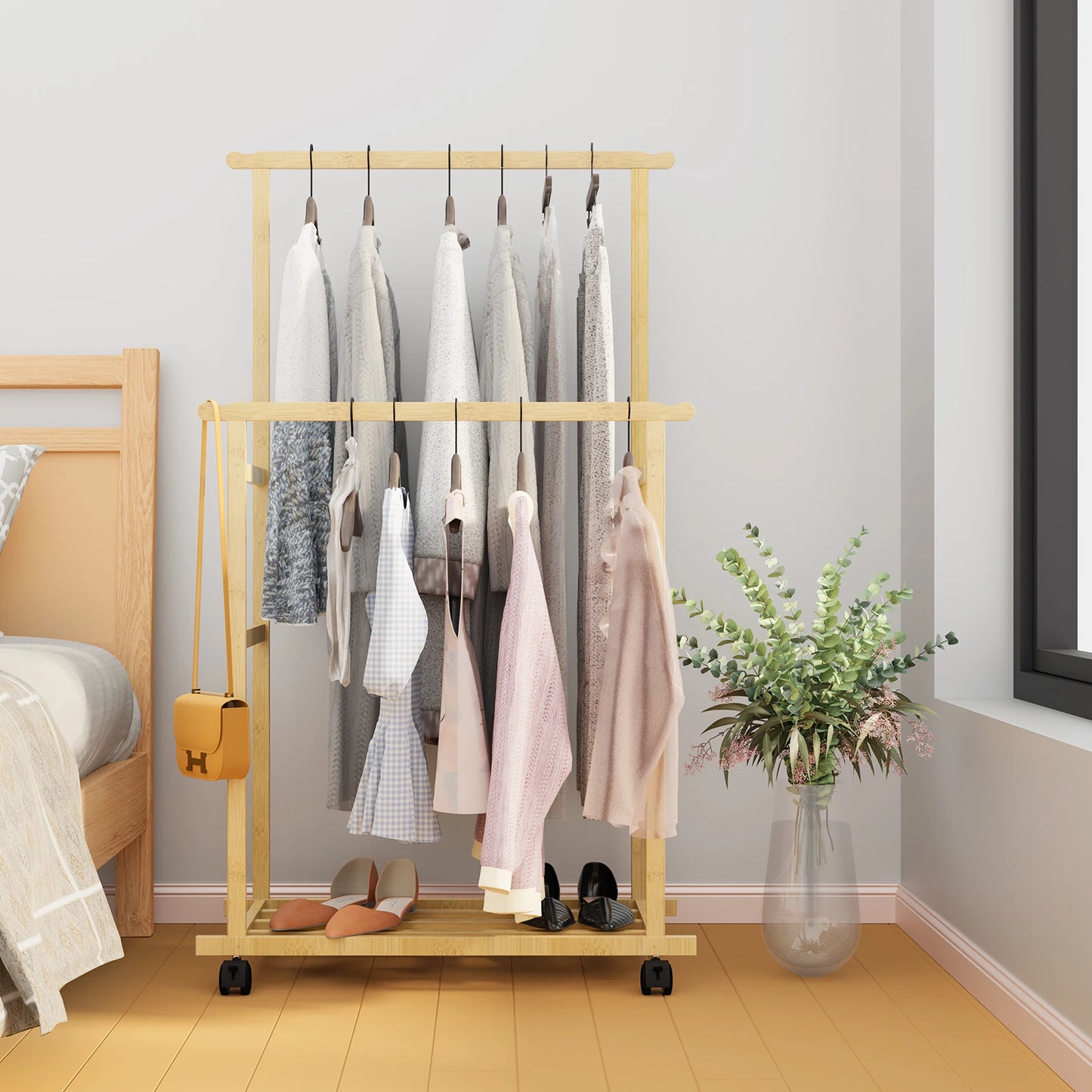 Bamboo Clothes Rail Rack Double Hanging Rails Clothes Rack on Wheels Free Standing Garment Rack with Storage Shelves Coat Rack