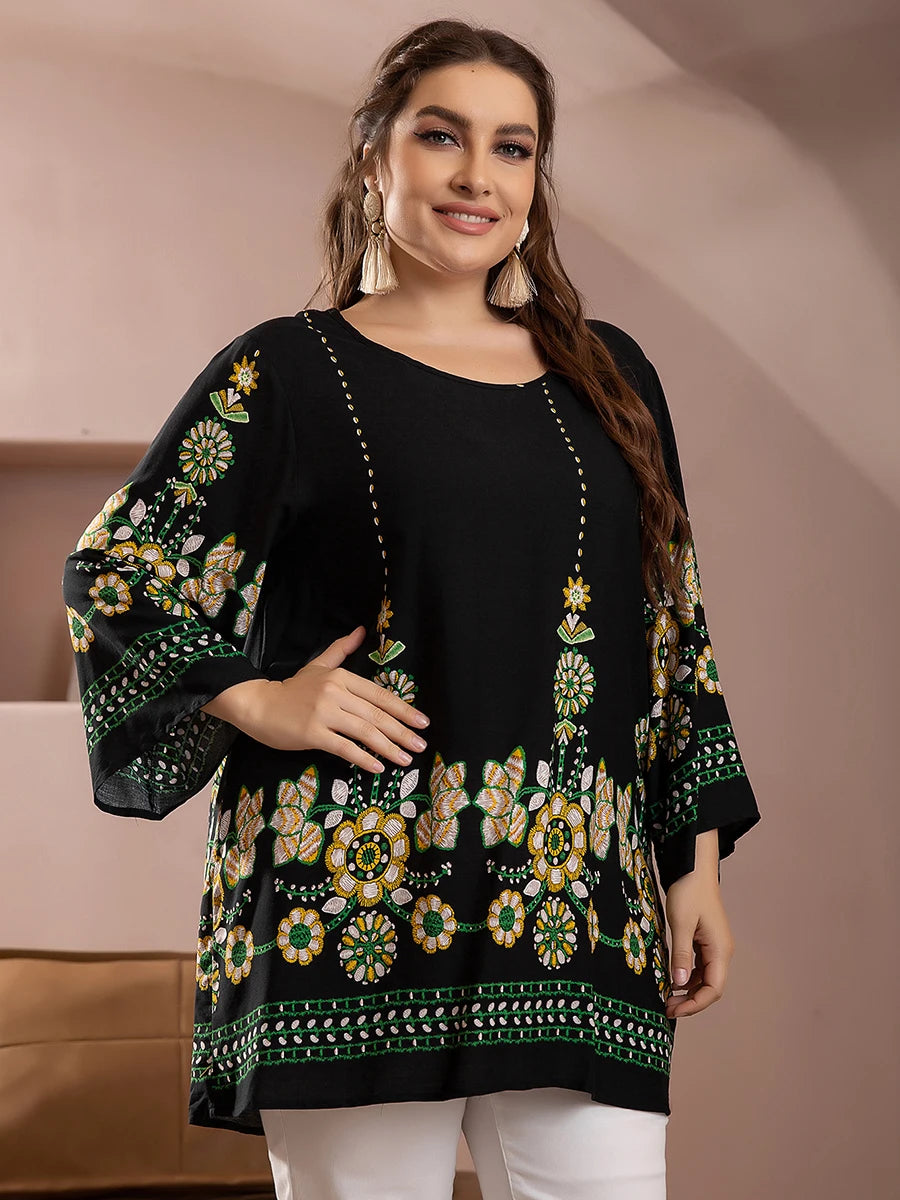 Floral Print  Plus Size O Neck Long Sleeve Blouse