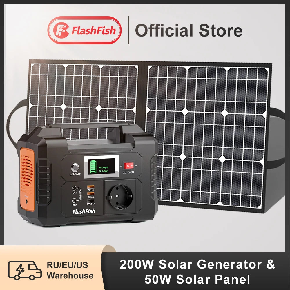 Flatfish Portable Power Station 200W 151Wh Solar Generated with Solar Panel 18V 50W, 230V