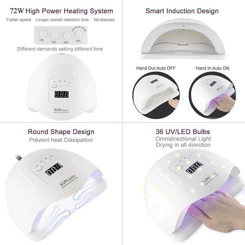 72W LED Nail Lamp For Manicure With Motion Sensing LCD Display