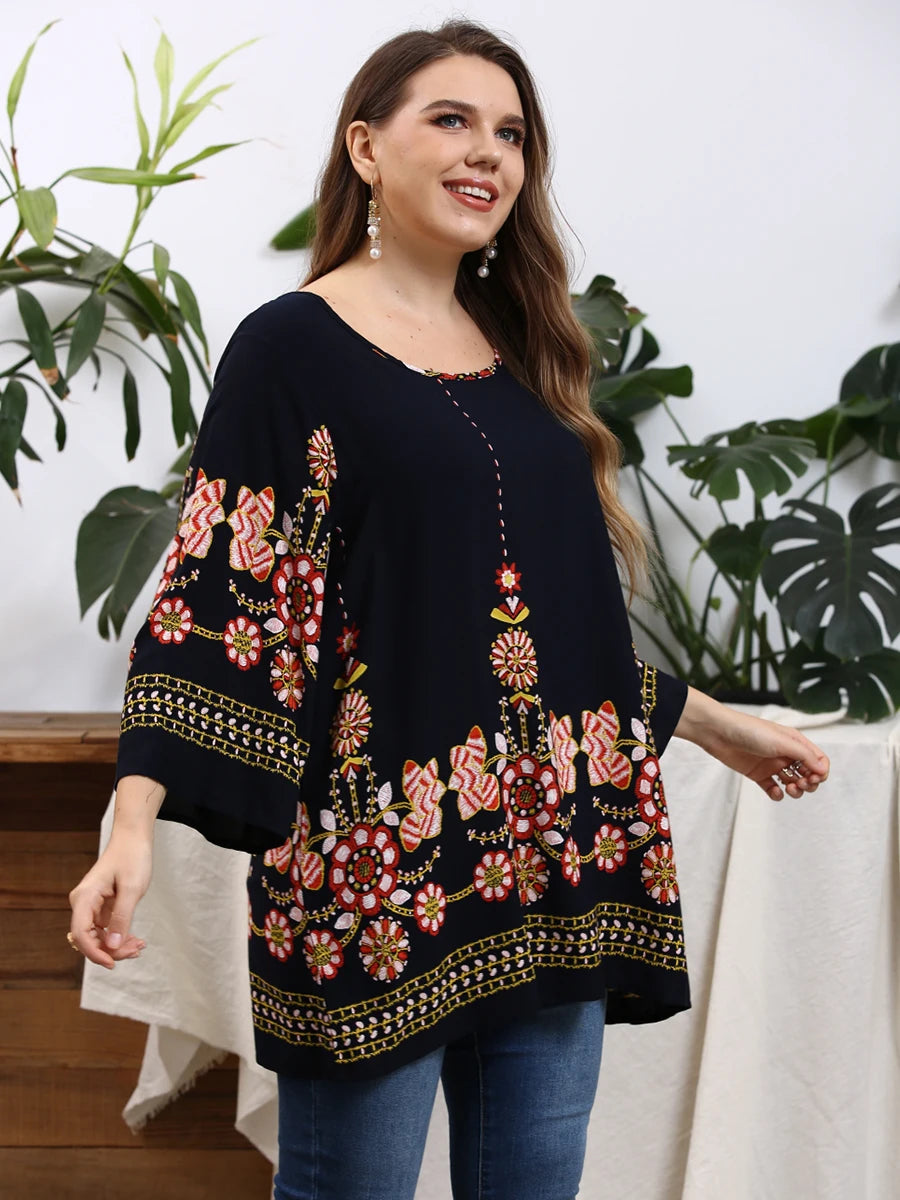 Floral Print  Plus Size O Neck Long Sleeve Blouse