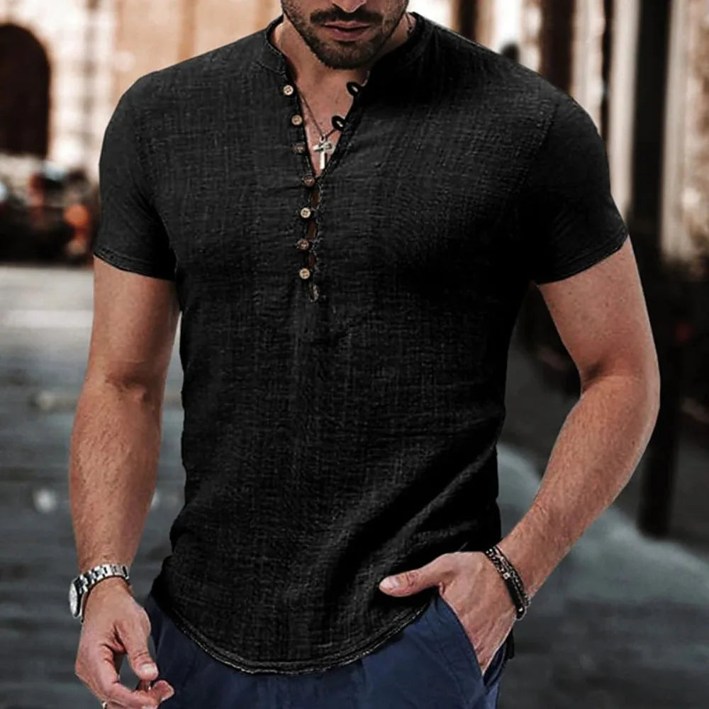 2023 New Men's Short Sleeve Tshirt V neck button Cotton Linen Shirt Men's Casual Clothes Popular Tops for Men
