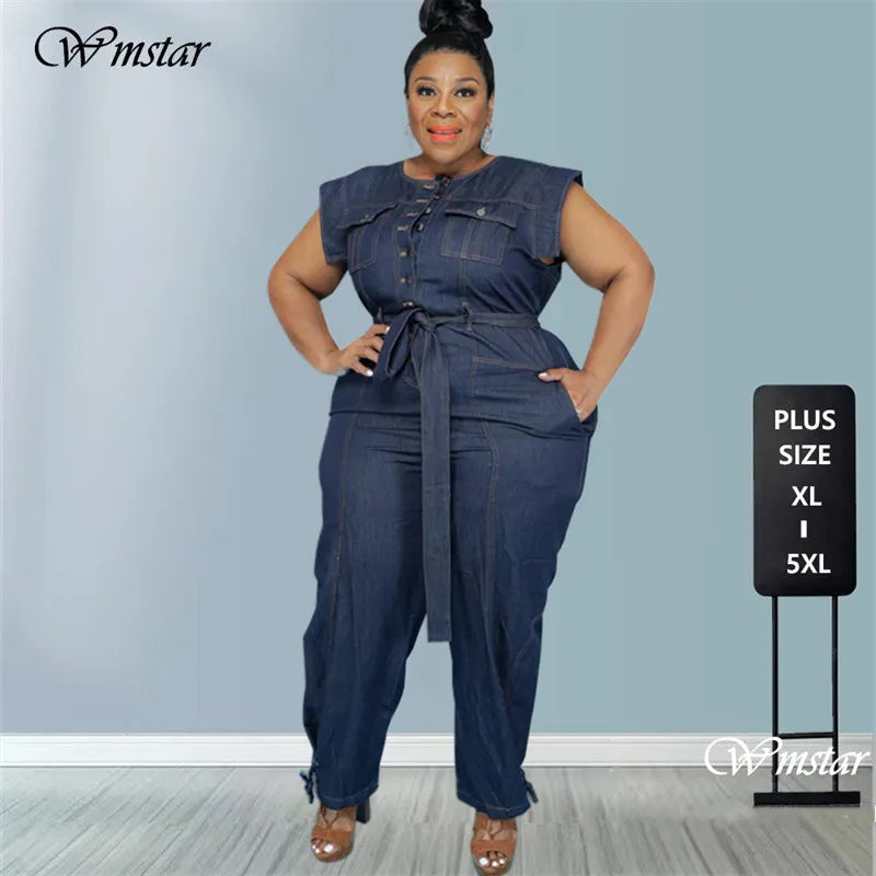 Denim Round Neck Lace Up Sleeveless Jumpsuit Plus Size