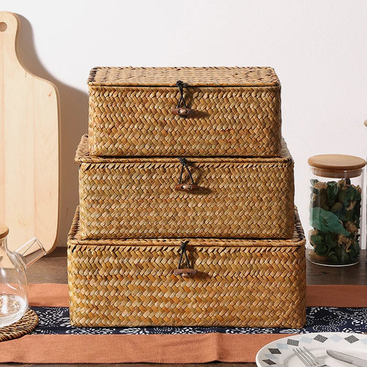 Woven Handmade Rectangular Storage Baskets with Lid
