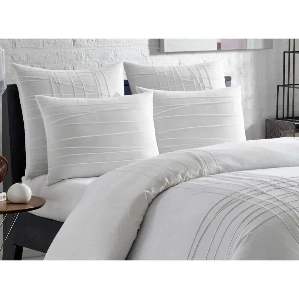 Variegated Pleats White Duvet Set, Full/Queen Comfortable Luxurious Soft Cover Set All Season Comforter  Bedding